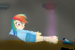 Size: 2179x1457 | Tagged: safe, artist:captainbasilisx, rainbow dash, barefoot, feather, feet, humanized, tickle torture, tickling