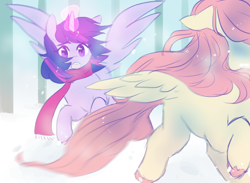 Size: 1024x749 | Tagged: safe, artist:witchette, derpibooru import, fluttershy, twilight sparkle, twilight sparkle (alicorn), alicorn, pegasus, pony, :o, clothes, female, lesbian, mare, open mouth, scarf, shipping, snow, spread wings, twishy, unshorn fetlocks