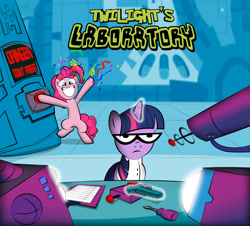 Size: 1596x1441 | Tagged: safe, artist:dan232323, derpibooru import, pinkie pie, sci-twi, twilight sparkle, unicorn twilight, earth pony, pony, unicorn, big red button, clothes, confetti, crossover, dexter's laboratory, glasses, lab coat, parody, streamers, unicorn sci-twi