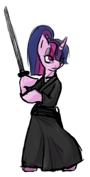 Size: 379x747 | Tagged: safe, artist:magello, derpibooru import, twilight sparkle, pony, alternate hairstyle, bipedal, clothes, colored, katana, samurai, solo, sword, weapon