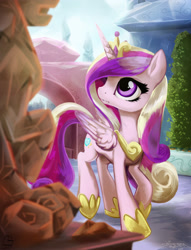 Size: 1905x2500 | Tagged: safe, artist:fidzfox, princess cadance, alicorn, pony, crystal empire, female, looking at something, looking up, mare, scenery, solo, statue, walking