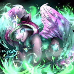 Size: 2500x2500 | Tagged: safe, artist:magmasparks, princess cadance, queen chrysalis, alicorn, changeling, changeling queen, pony, changeling magic, character to character, crown, digital art, disguise, disguised changeling, evil grin, fake cadance, fangs, female, fire, green fire, grin, hoof shoes, jewelry, magic, mare, peytral, regalia, shapeshifting, smiling, solo, spread wings, teeth, transformation