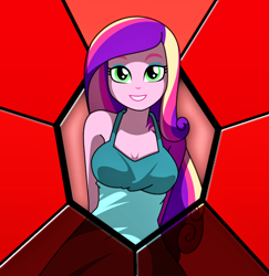 Size: 654x674 | Tagged: artist needed, safe, dean cadance, princess cadance, queen chrysalis, changeling, changeling queen, equestria girls, friendship games, disguise, disguised changeling, fake cadance, green eyes, smiling, solo