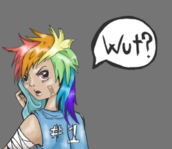 Size: 881x761 | Tagged: safe, artist:shipou-negiru, rainbow dash, clothes, female, humanized, multicolored hair, simple background