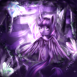 Size: 1000x1000 | Tagged: safe, artist:karmamoonshadow, derpibooru import, twilight sparkle, twilight sparkle (alicorn), alicorn, pony, female, looking back, mare, sitting, solo, spread wings