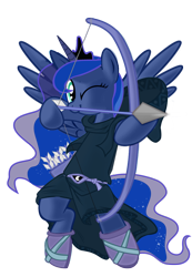 Size: 744x1073 | Tagged: safe, artist:wolyro pegasus, princess luna, alicorn, pony, aiming, arrow, bipedal, bow (weapon), bow and arrow, clothes, cute, lunabetes, one eye closed, simple background, solo, transparent background, tunic, weapon
