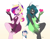 Size: 3202x2480 | Tagged: safe, artist:0ndshok, princess cadance, queen chrysalis, shining armor, alicorn, anthro, changeling, changeling queen, unicorn, clothes, dress, female, heart, heart eyes, male, wingding eyes