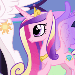 Size: 502x502 | Tagged: safe, screencap, princess cadance, princess celestia, alicorn, pony, princess spike (episode), animated, aunt and niece, blinking, cropped, cute, cutedance, female, gif, grin, looking up, mare, raised hoof, smiling, solo focus