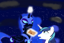 Size: 647x441 | Tagged: safe, artist:kahnac, nightmare moon, shining armor, alicorn, pony, unicorn, 1000 years in photoshop, cloud, duo, edmond dantes, female, letter, magic, mail, male, mare, night, open mouth, stallion, the count of monte cristo, what could possibly go wrong