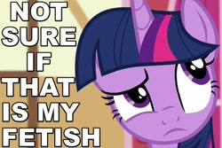 Size: 720x480 | Tagged: safe, derpibooru import, edit, edited screencap, screencap, twilight sparkle, twilight sparkle (alicorn), alicorn, the one where pinkie pie knows, caption, confused, image macro, meme, not sure if want, reaction image, solo, that is my fetish, thinking