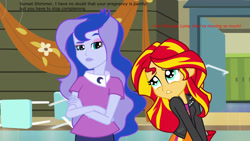 Size: 1920x1080 | Tagged: safe, edit, edited screencap, screencap, princess luna, sunset shimmer, vice principal luna, comic:a new change, equestria girls, equestria girls (movie), fanfic, implied teen pregnancy, luna is not amused, text, unamused