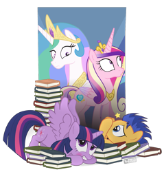 Size: 1075x1125 | Tagged: safe, artist:dm29, flash sentry, princess cadance, princess celestia, twilight sparkle, twilight sparkle (alicorn), alicorn, pony, blushing, book, embarrassed, spread wings