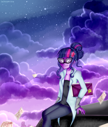 Size: 864x1008 | Tagged: safe, artist:lelka-philka, derpibooru import, sci-twi, twilight sparkle, equestria girls, friendship games, clothes, envelope, glasses, night sky, paper, shooting star, sitting, solo, stars