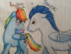 Size: 960x720 | Tagged: safe, artist:aroselovell, rainbow dash, soarin', pegasus, pony, female, male, shipping, soarindash, straight, traditional art