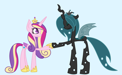 Size: 2396x1468 | Tagged: safe, artist:anuadhi, princess cadance, queen chrysalis, alicorn, changeling, changeling queen, pony, blue background, hoofbump, simple background