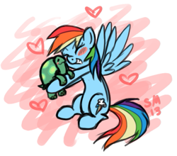 Size: 519x457 | Tagged: safe, artist:serenamidori, rainbow dash, tank, pegasus, pony, blushing, cute, dashabetes, duo, eyes closed, heart, hug, smiling