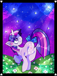 Size: 426x567 | Tagged: safe, artist:sluggy-slimes, derpibooru import, twilight sparkle, firefly (insect), flower, looking up, oekaki, solo, tail bow