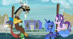 Size: 1628x881 | Tagged: safe, screencap, discord, princess luna, starlight glimmer, alicorn, pony, spoiler:s07, boombox, fresh princess of friendship, prone, s1 luna, sunglasses