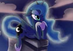 Size: 1920x1357 | Tagged: safe, artist:definisher, princess luna, alicorn, pony, battlement, cloud, floppy ears, night, prone, solo