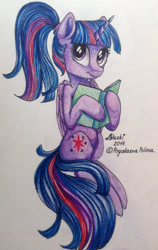 Size: 1212x1920 | Tagged: safe, artist:blacki, derpibooru import, twilight sparkle, twilight sparkle (alicorn), alicorn, pony, book, female, mare, solo, traditional art