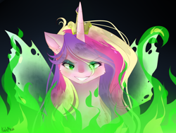 Size: 1400x1050 | Tagged: safe, artist:kate-titan-mrak, princess cadance, queen chrysalis, alicorn, changeling, changeling queen, pony, crown, digital art, disguise, disguised changeling, evil grin, fake cadance, female, fire, green fire, grin, jewelry, mare, regalia, smiling, solo, transformation