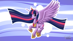 Size: 2560x1440 | Tagged: safe, artist:mysticalpha, derpibooru import, twilight sparkle, twilight sparkle (alicorn), alicorn, pony, female, long mane, mare, older, raised hoof, solo, spread wings