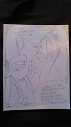 Size: 2988x5312 | Tagged: safe, artist:andypriceart, discord, princess luna, alicorn, pony, absurd resolution, boop, grayscale, insult, monochrome, savage, traditional art