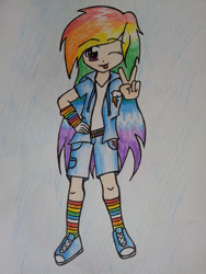 Size: 774x1032 | Tagged: dead source, safe, artist:chiraiki, rainbow dash, humanized, solo, traditional art