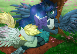 Size: 1100x770 | Tagged: safe, artist:kairaanix, derpy hooves, princess luna, alicorn, anthro, pegasus, book, breasts, cleavage, clothes, commission, duo, female, flower petals, implied derpyluna, implied lesbian, mare, nap, princess balloona, reading, relaxing, sleeping, smiling, tree, under the tree