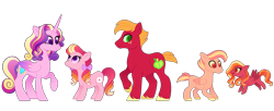 Size: 1997x811 | Tagged: safe, artist:carouselunique, big macintosh, princess cadance, thorax, oc, oc:ambrosia, oc:cortland, oc:honeycrisp blossom, alicorn, changeling, pony, alternate hairstyle, alternate timeline, alternate universe, cadmac, disguise, disguised changeling, family, male, next generation, offspring, parent:big macintosh, parent:princess cadance, parents:cadmac, shipping, straight