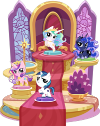 Size: 3666x4584 | Tagged: safe, artist:phucknuckl, part of a set, princess cadance, princess celestia, princess luna, shining armor, alicorn, pony, unicorn, my little pocket ponies, bush, canterlot, canterlot castle, clothes, crown, cute, cutedance, cutelestia, female, flying, hoof on chest, inkscape, jewelry, looking at you, lunabetes, male, mare, necklace, one hoof raised, pocket ponies, regalia, set, shining adorable, shoes, simple background, small wings, smiling, smiling at you, stained glass, stallion, standing, transparent background, unshorn fetlocks, vector, wings