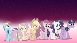 Size: 1920x1080 | Tagged: safe, artist:dashiemlpfim, artist:djdavid98 edits, artist:parclytaxel, derpibooru import, applejack, fluttershy, pinkie pie, rainbow dash, rarity, twilight sparkle, twilight sparkle (alicorn), alicorn, earth pony, pegasus, pony, unicorn, blank flank, female, mane six, mare, vector, wallpaper