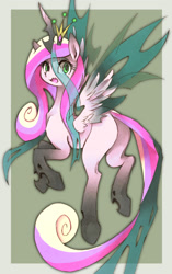 Size: 800x1275 | Tagged: safe, artist:kolshica, princess cadance, queen chrysalis, changeling, changeling queen, blank flank, fusion, looking at you, open mouth, plot, solo, spread wings