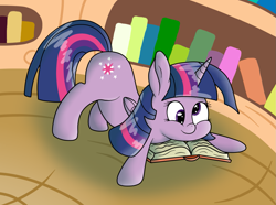 Size: 1421x1060 | Tagged: safe, artist:dullpoint, derpibooru import, twilight sparkle, twilight sparkle (alicorn), alicorn, pony, book, derp, female, mare, silly, silly pony, solo, you're doing it wrong