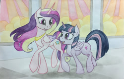 Size: 998x635 | Tagged: safe, artist:grokostimpy, princess cadance, twilight sparkle, twilight sparkle (alicorn), alicorn, pony, cropped, duo, folded wings, looking at each other, talking, throne room, traditional art, walking, watercolor painting