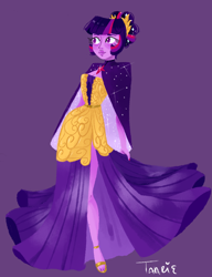 Size: 904x1177 | Tagged: safe, artist:endarie, derpibooru import, twilight sparkle, human, alternate hairstyle, clothes, dress, gown, humanized, lineless, nail polish, simple background, solo