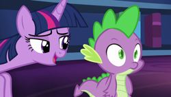 Size: 1280x720 | Tagged: safe, derpibooru import, screencap, spike, twilight sparkle, twilight sparkle (alicorn), alicorn, dragon, pony, what about discord?, bookshelf, female, lidded eyes, mare, out of context, tonight you