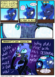 Size: 3445x4823 | Tagged: safe, artist:darkest-lunar-flower, nightmare moon, princess luna, oc, oc:darkest lunar flower, alicorn, pony, unicorn, absurd resolution, brain freeze, milkshake