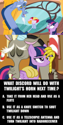 Size: 750x1488 | Tagged: safe, derpibooru import, screencap, discord, twilight sparkle, twilight sparkle (alicorn), alicorn, pony, three's a crowd, what about discord?, blue flu, female, image macro, mare, meme, question