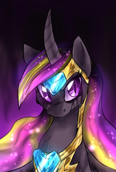 Size: 716x1059 | Tagged: safe, artist:not-ordinary-pony, princess cadance, alicorn, pony, alternate universe, armor, bust, colored pupils, crystal heart, curved horn, female, glowing mane, jewelry, long mane, looking at you, nightmare cadance, nightmarified, portrait, regalia, slit eyes, solo