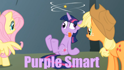 Size: 640x360 | Tagged: safe, derpibooru import, screencap, applejack, fluttershy, twilight sparkle, earth pony, pegasus, pony, feeling pinkie keen, circling stars, derp, image macro, meme, purple smart, purple text, tongue out