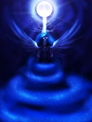 Size: 1900x2500 | Tagged: safe, artist:minelvi, princess luna, alicorn, pony, glowing eyes, magic, moon, night, solo, spread wings, wings