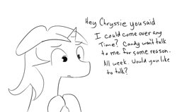 Size: 943x599 | Tagged: safe, artist:otherponyname, queen chrysalis, shining armor, changeling, changeling queen, pony, unicorn, comic, dialogue, male, monochrome, simple background, speech bubble, stallion, white background