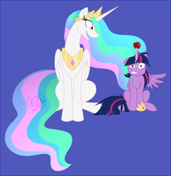 Size: 818x842 | Tagged: safe, artist:miz-jynx, derpibooru import, princess celestia, twilight sparkle, twilight sparkle (alicorn), alicorn, pony, apple, female, food, gritted teeth, horn impalement, laughing, mare, simple background, sitting, trollestia