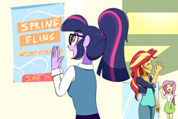 Size: 1500x1000 | Tagged: safe, artist:jase1505, fluttershy, sci-twi, sunset shimmer, twilight sparkle, series:sunlight horizons, equestria girls, canterlot high, clothes, excited, eyes closed, female, jacket, lesbian, poster, scitwishimmer, shipping, smiling, sunsetsparkle, trio