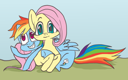 Size: 1180x734 | Tagged: safe, artist:bikkisu, fluttershy, rainbow dash, pegasus, pony, female, flutterdash, hug, lesbian, shipping, smiling