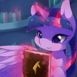 Size: 640x640 | Tagged: safe, artist:loyaldis, derpibooru import, twilight sparkle, twilight sparkle (alicorn), alicorn, book, magic, smiling, solo, telekinesis