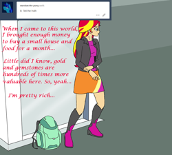 Size: 1000x900 | Tagged: safe, artist:deltalima, sunset shimmer, equestria girls, ask dickhead shimmer, backpack, bag, boots, clothes, high heel boots, jacket, leather jacket, statue