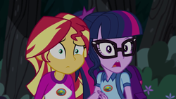 Size: 1280x720 | Tagged: safe, screencap, sci-twi, sunset shimmer, twilight sparkle, equestria girls, legend of everfree, backpack, camp everfree outfits, clothes, glasses, reaction