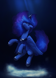Size: 1423x2000 | Tagged: safe, artist:anticular, princess luna, alicorn, pony, blue background, blue eyes, blue mane, blue tail, bubble, crepuscular rays, crown, digital art, ethereal mane, ethereal tail, feather, female, flowing mane, flowing tail, folded wings, high res, hoof shoes, horn, jewelry, looking up, mare, ocean, peytral, regalia, sad, signature, simple background, sinking, solo, starry mane, starry tail, sunlight, tail, teeth, underwater, water, wings